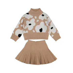 ABE Camel Flower Sweater & Pleated Skirt Set