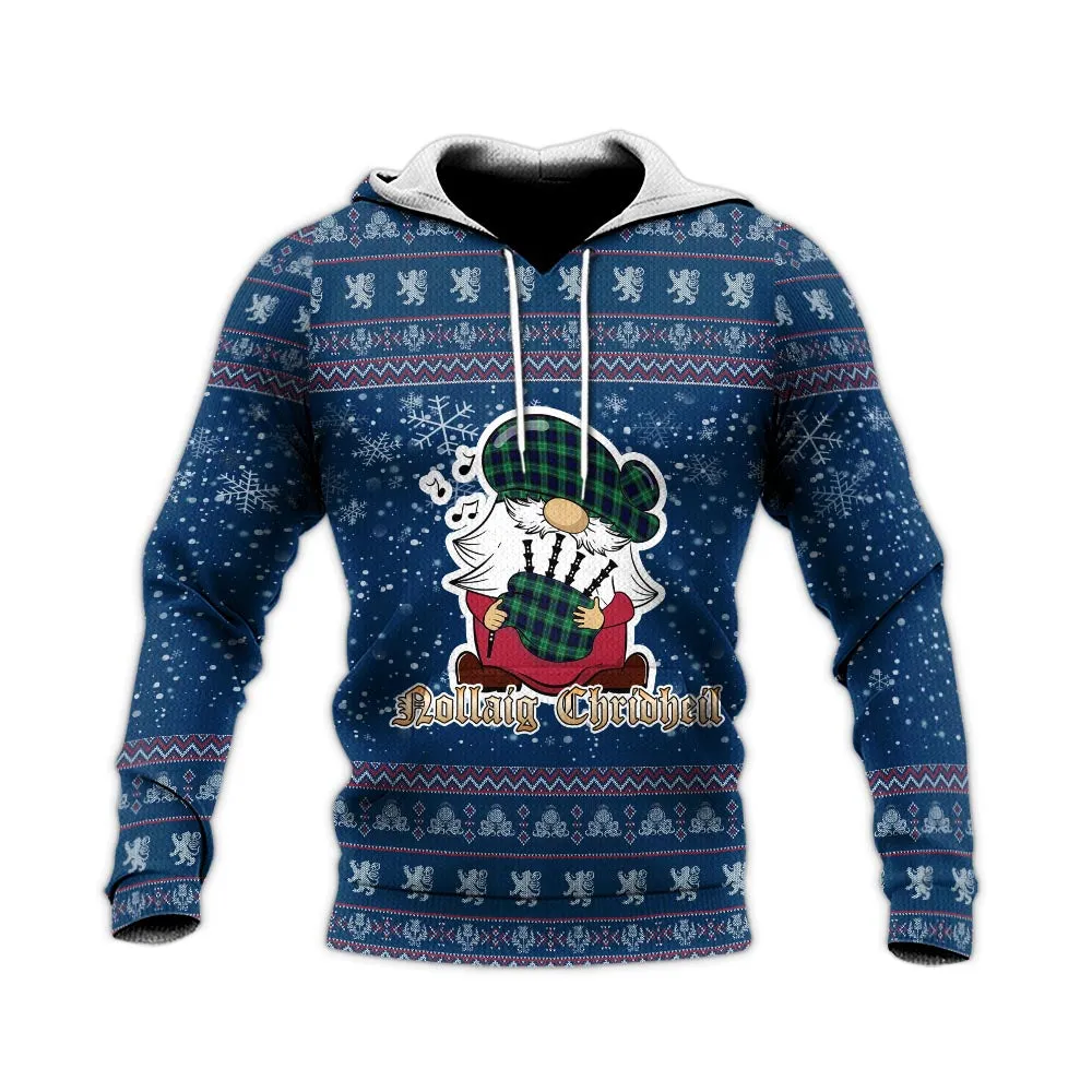 Abercrombie Clan Christmas Knitted Hoodie with Funny Gnome Playing Bagpipes