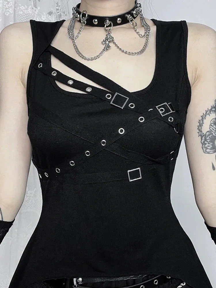 Alt Gothic Cyber Bandage Crop Eyelet Y2K Goth Top