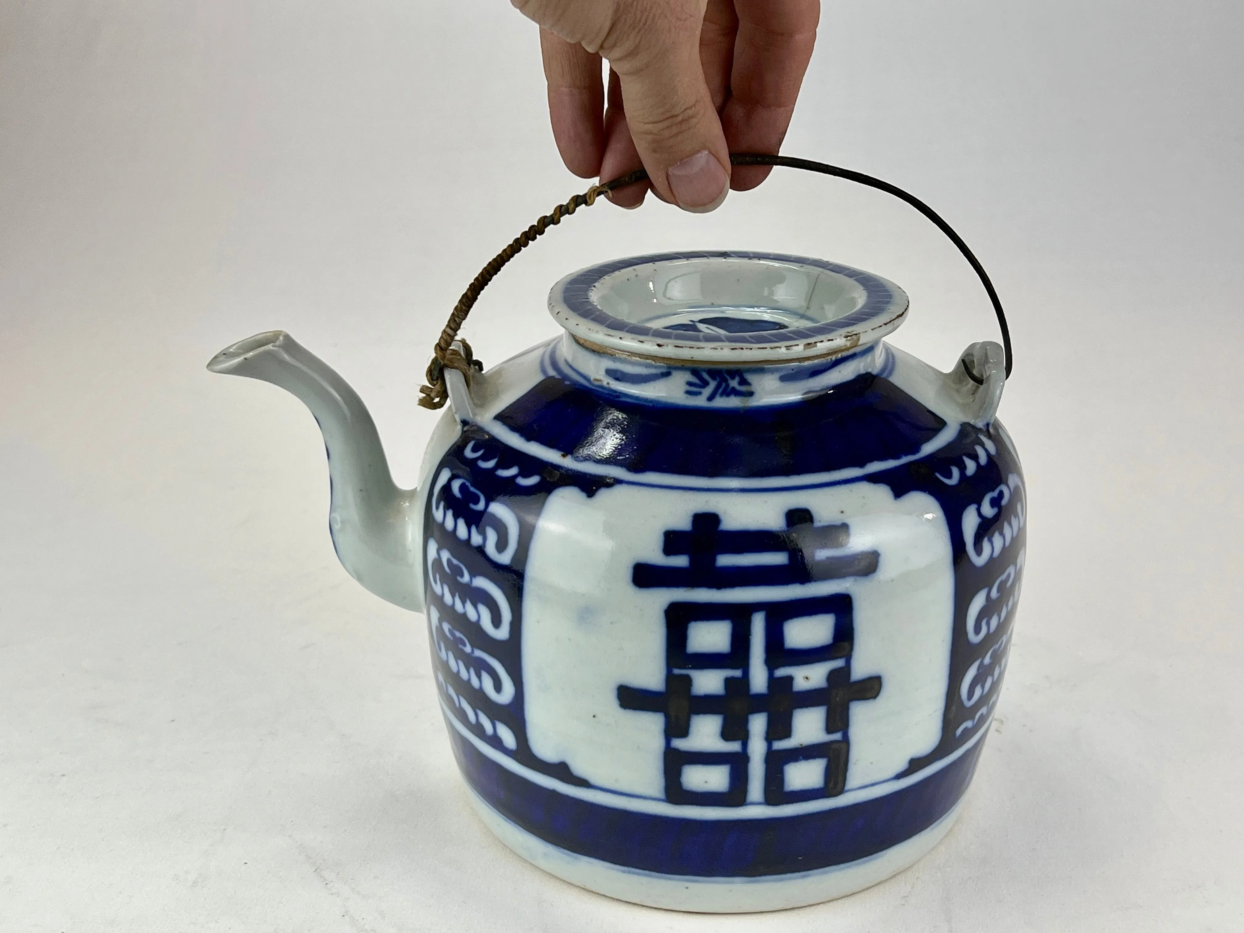 Antique Chinese c1920 Double Happiness Tea Pot Cobalt Blue & White Hand Painted 7"