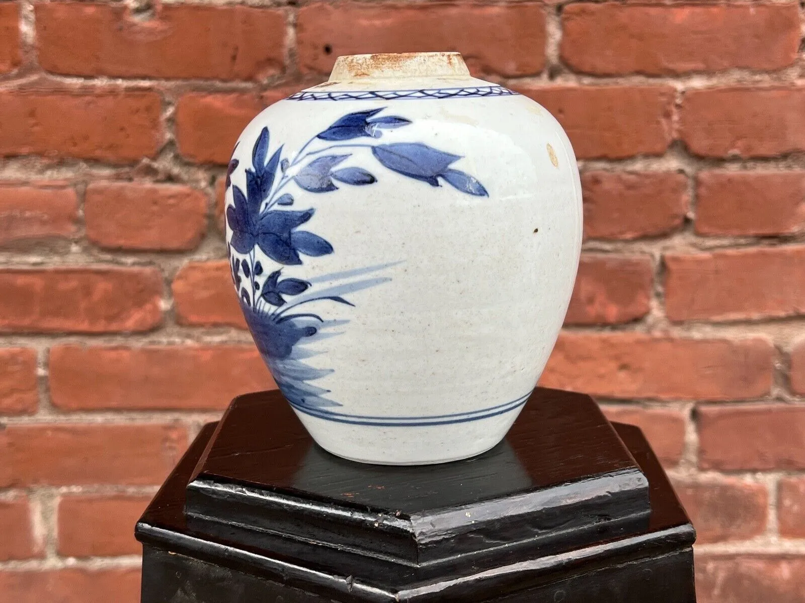 Antique Chinese Qing 200 Year Old Blue & White Jar Hand Painted Peony 5.5"H