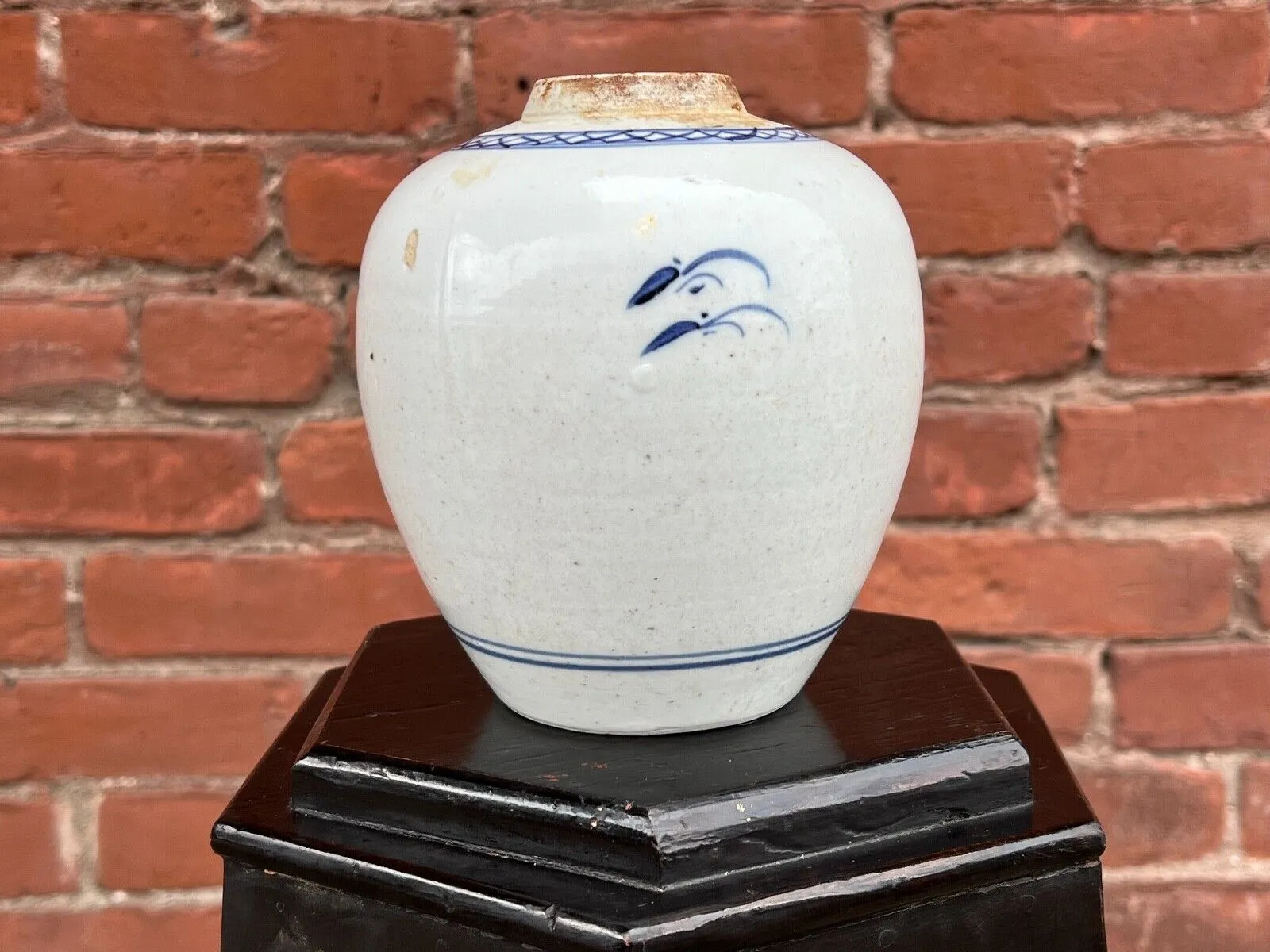 Antique Chinese Qing 200 Year Old Blue & White Jar Hand Painted Peony 5.5"H