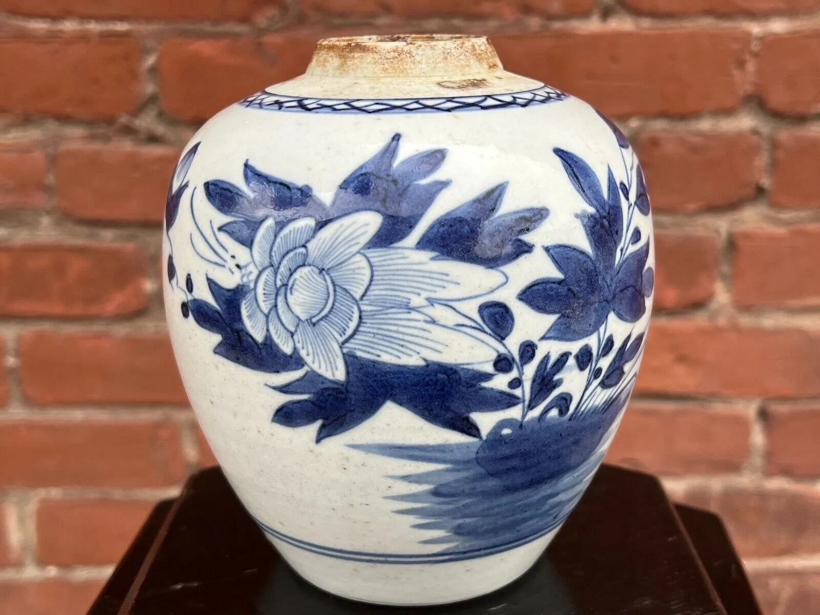 Antique Chinese Qing 200 Year Old Blue & White Jar Hand Painted Peony 5.5"H