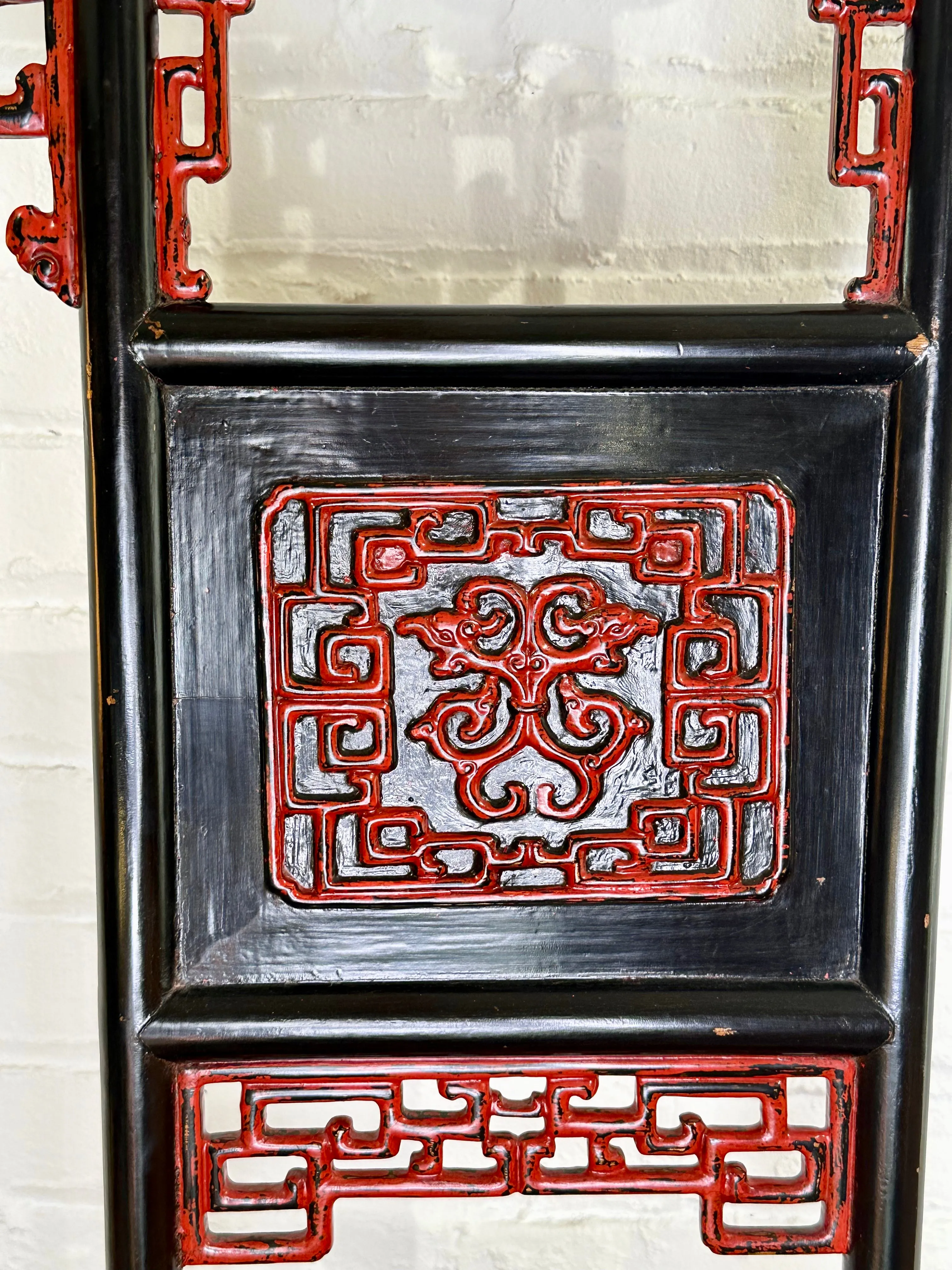 Antique Chinese Qing Dynasty Red & Black Lacquered Hanging Stand 32"