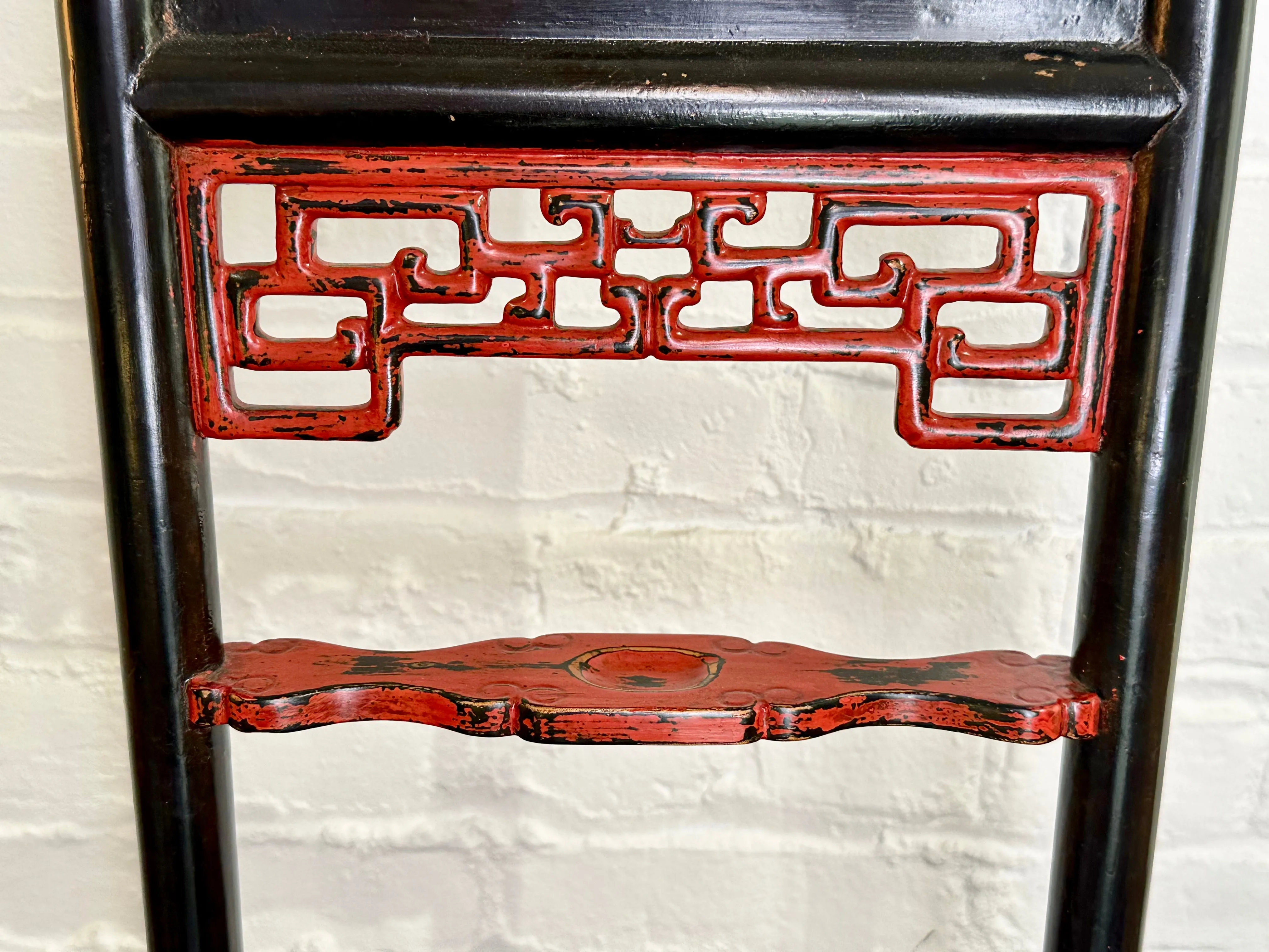 Antique Chinese Qing Dynasty Red & Black Lacquered Hanging Stand 32"