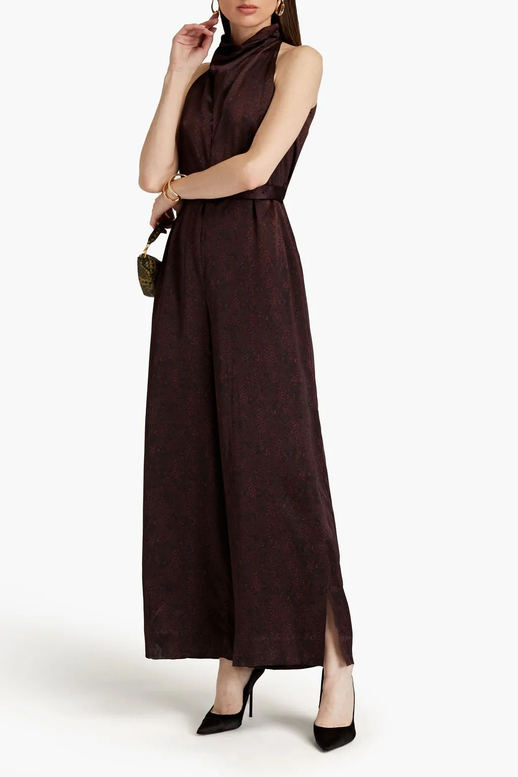 Ashley silk satin jumpsuit with snake print and belt NICHOLAS, burgundy