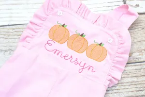 Baby girl monogrammed fall pumpkin overalls, monogrammed corduroy overalls, Pink Cord thanksgiving outfit, pumpkin patch