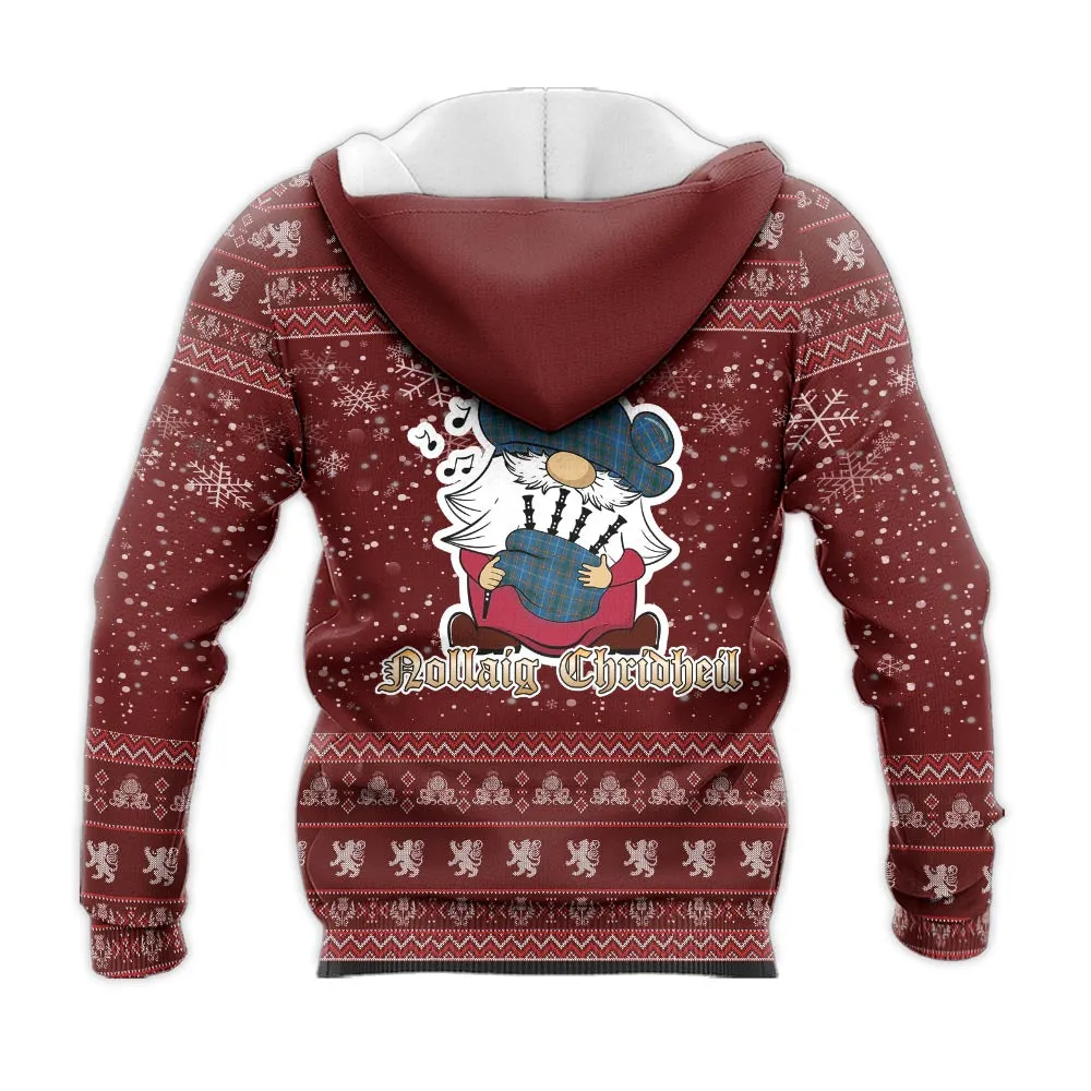 Bain Clan Christmas Knitted Hoodie with Funny Gnome Playing Bagpipes