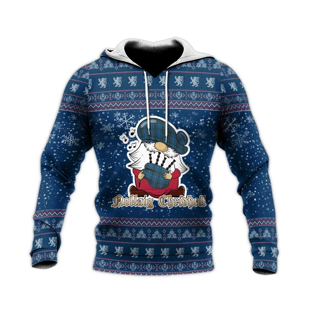 Bain Clan Christmas Knitted Hoodie with Funny Gnome Playing Bagpipes