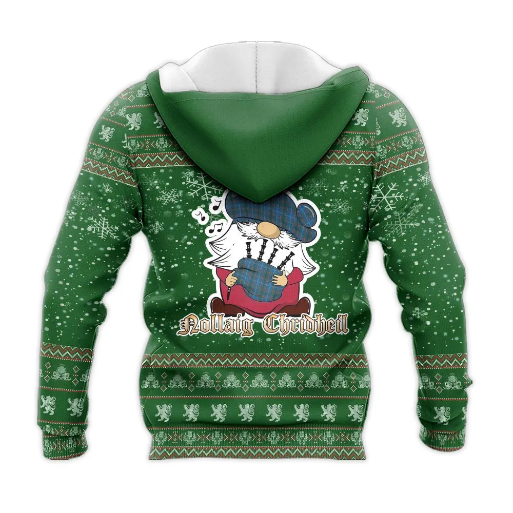 Bain Clan Christmas Knitted Hoodie with Funny Gnome Playing Bagpipes