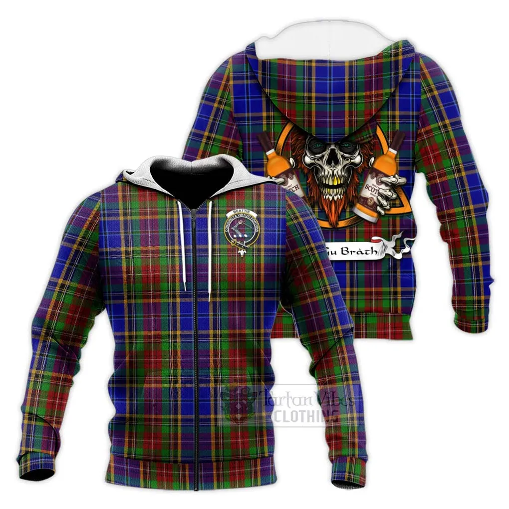 Beattie (Beatty) Tartan Knitted Hoodie with Family Crest and Bearded Skull Holding Bottles of Whiskey