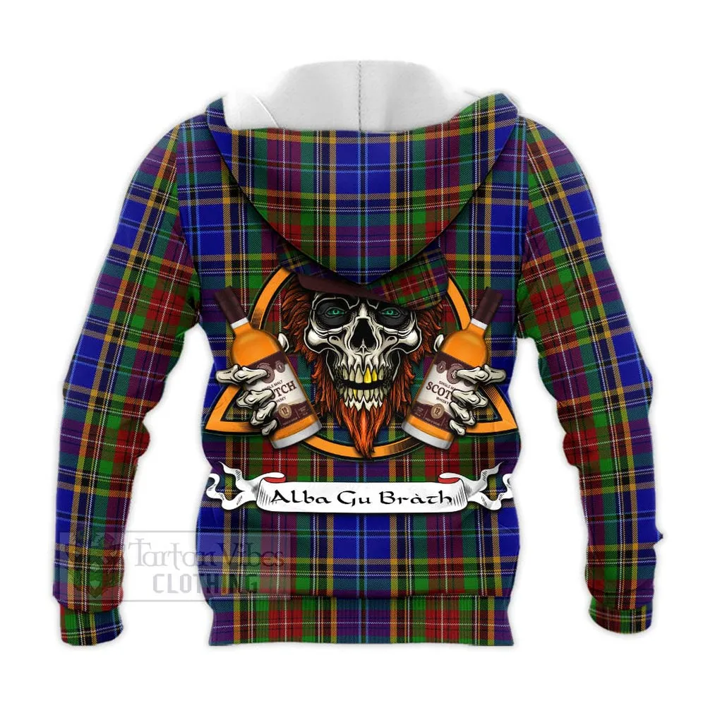 Beattie (Beatty) Tartan Knitted Hoodie with Family Crest and Bearded Skull Holding Bottles of Whiskey