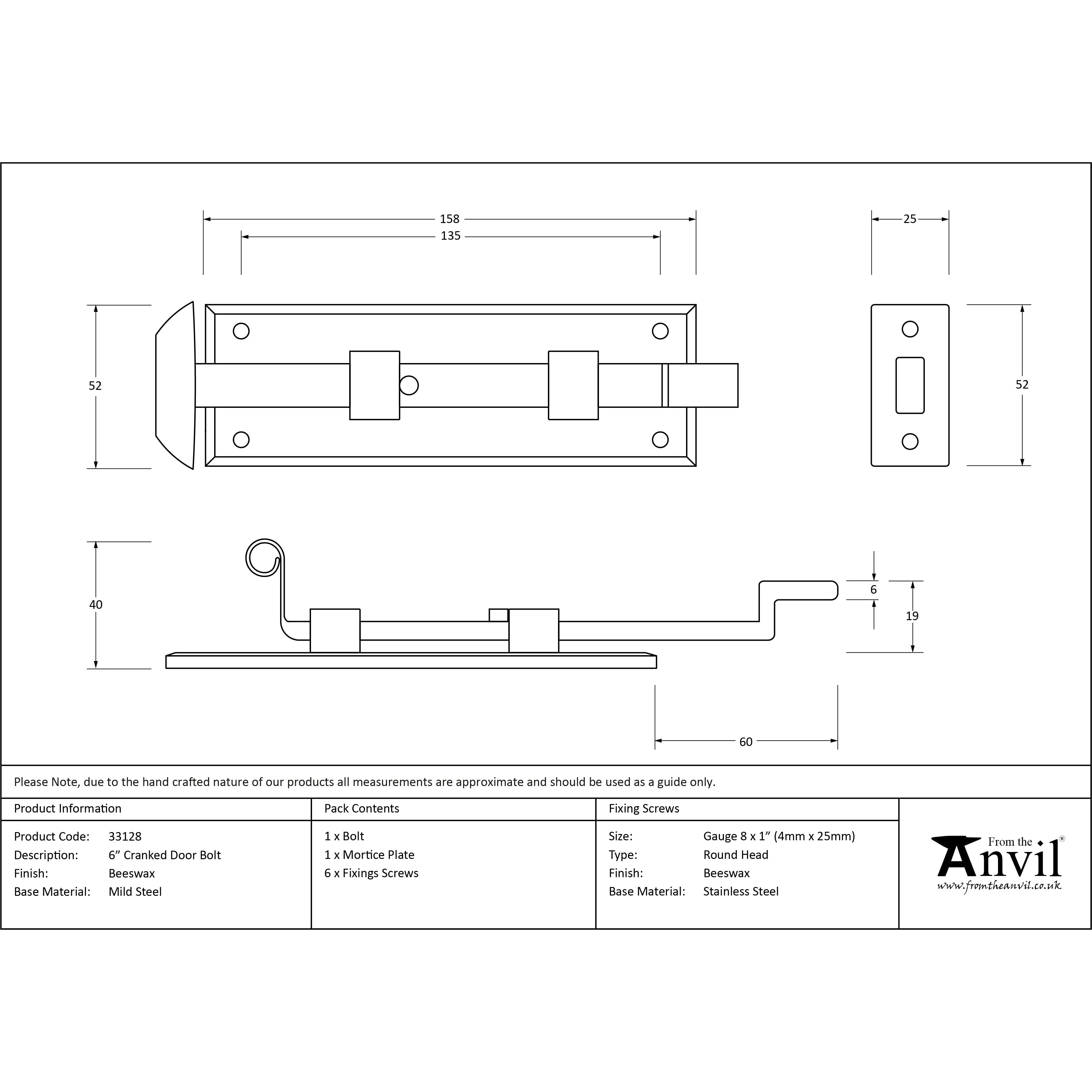 Beeswax 6" Cranked Door Bolt | From The Anvil