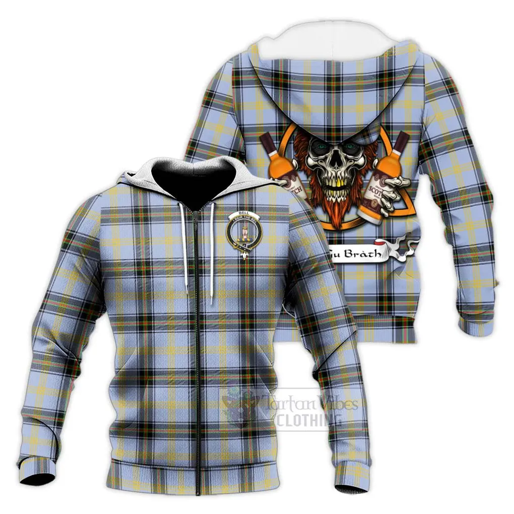 Bell Tartan Knitted Hoodie with Family Crest and Bearded Skull Holding Bottles of Whiskey