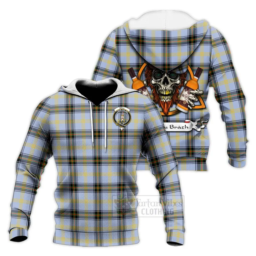 Bell Tartan Knitted Hoodie with Family Crest and Bearded Skull Holding Bottles of Whiskey