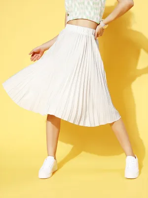 Berrylush Women Solid Off-White Accordion Pleated Slip-On Waist Crepe Flared A-Line Midi Skirt