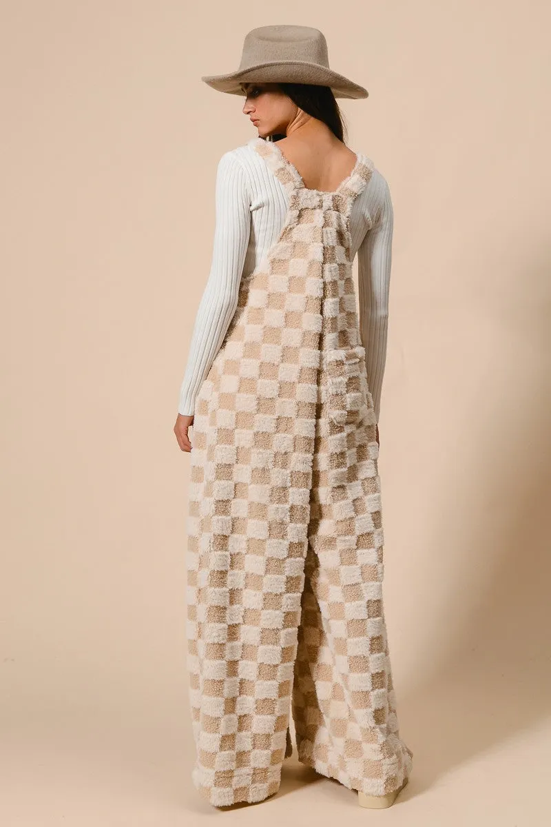 BiBi Checker Print Sherpa Wide Leg Overalls in Ivory/Latte ON ORDER