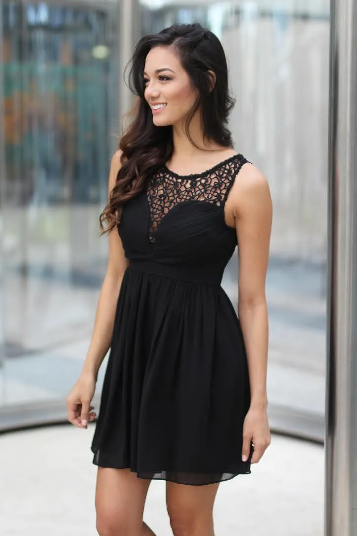 Black Crochet Short Dress With Pleated Skirt