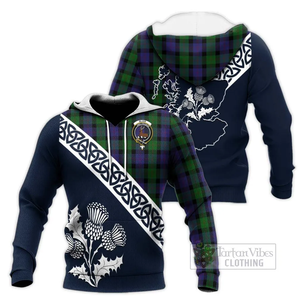 Blair Tartan Knitted Hoodie Featuring Thistle and Scotland Map