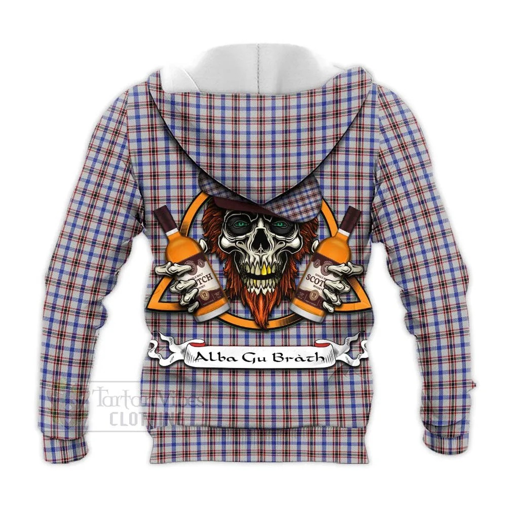 Boswell Tartan Knitted Hoodie with Family Crest and Bearded Skull Holding Bottles of Whiskey