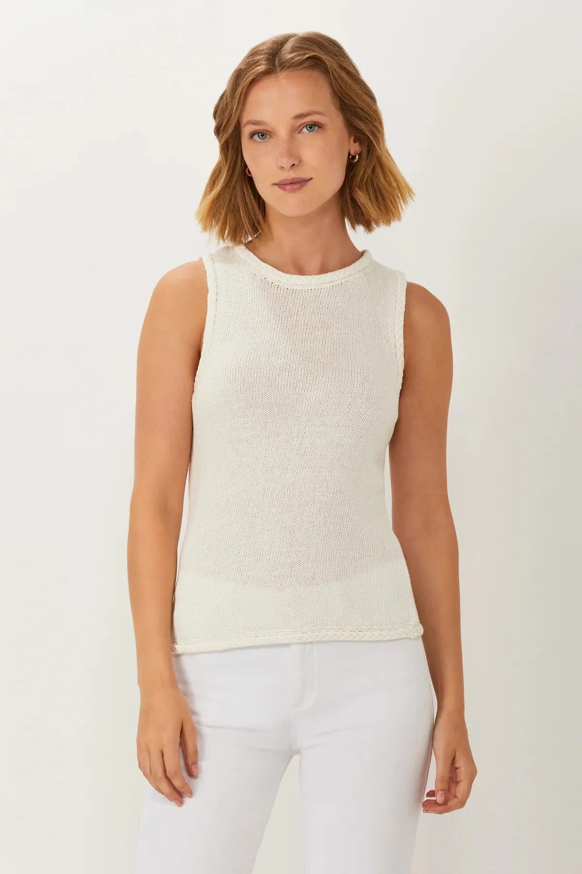 BRAID TRIM SHELL KNIT TOP - WHITE