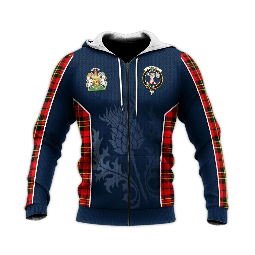 Brodie Modern Tartan Knitted Hoodie with Family Crest and Scottish Thistle Vibes Sport Style