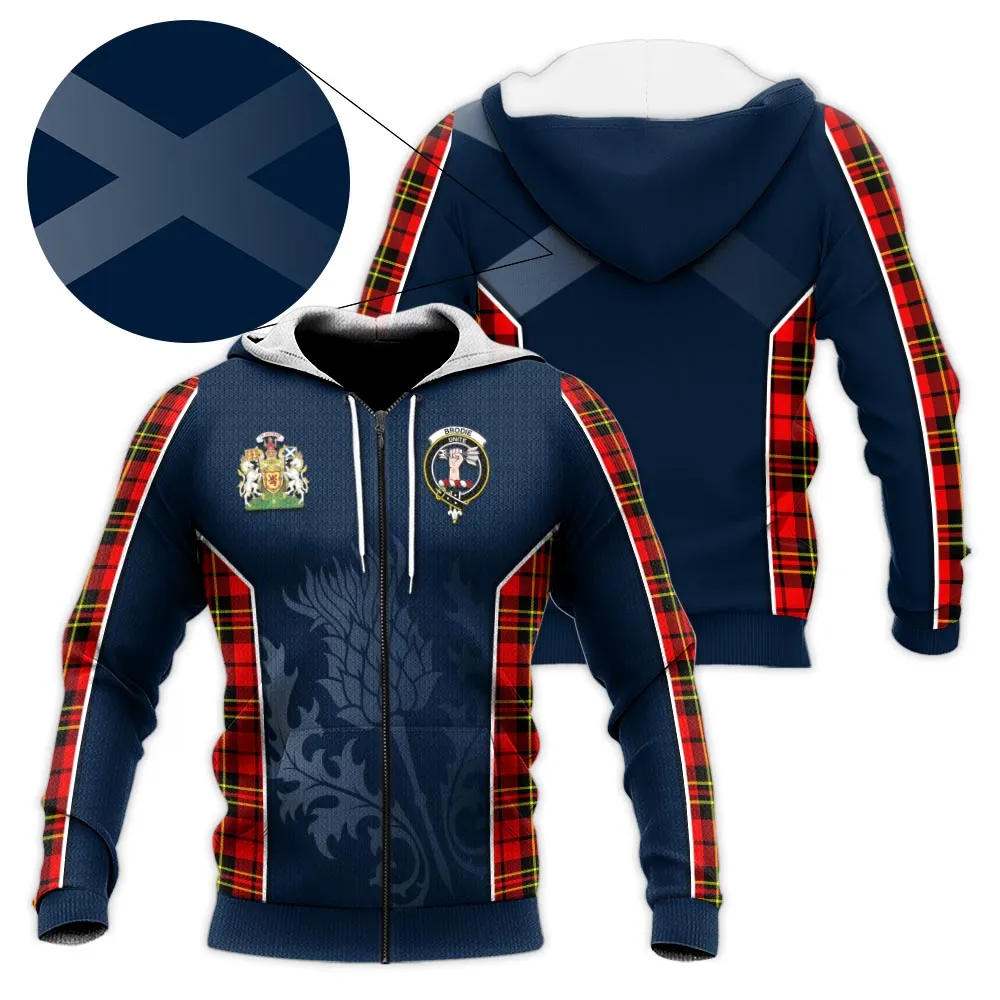 Brodie Modern Tartan Knitted Hoodie with Family Crest and Scottish Thistle Vibes Sport Style