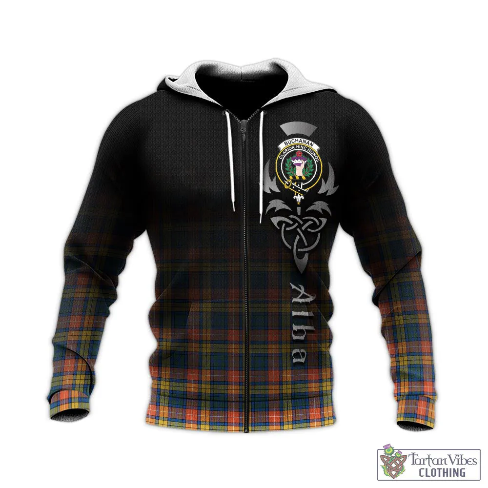 Buchanan Ancient Tartan Knitted Hoodie Featuring Alba Gu Brath Family Crest Celtic Inspired