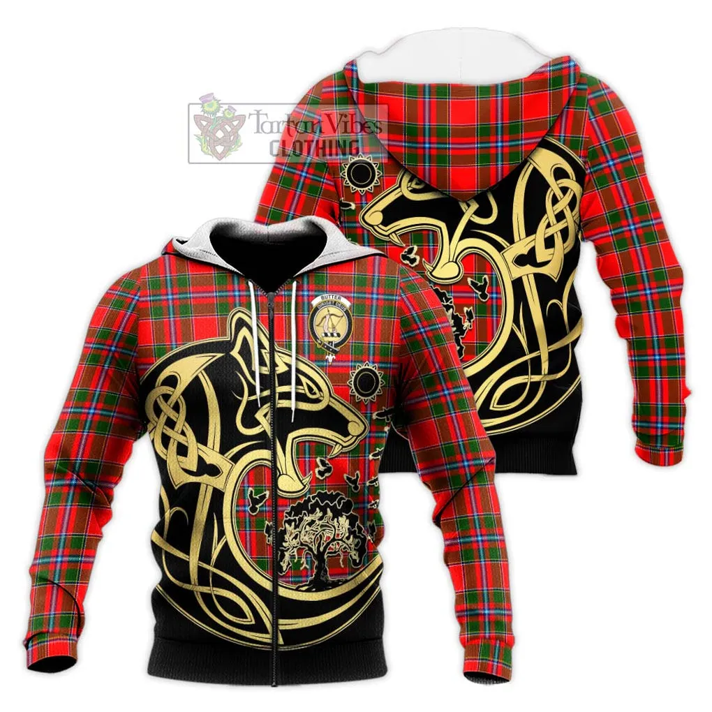 Butter Tartan Knitted Hoodie with Family Crest Celtic Wolf Style