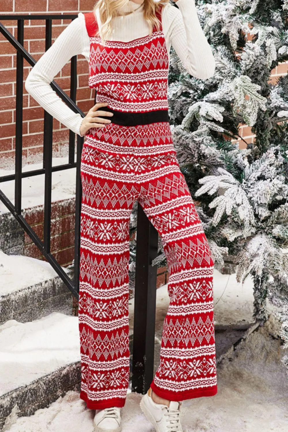 Christmas Knit Straight-Leg Overalls