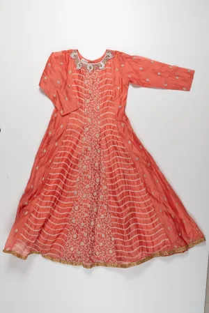 Coral Embroidered Silk Long Frock for Girls - Traditional Ethnic Wear