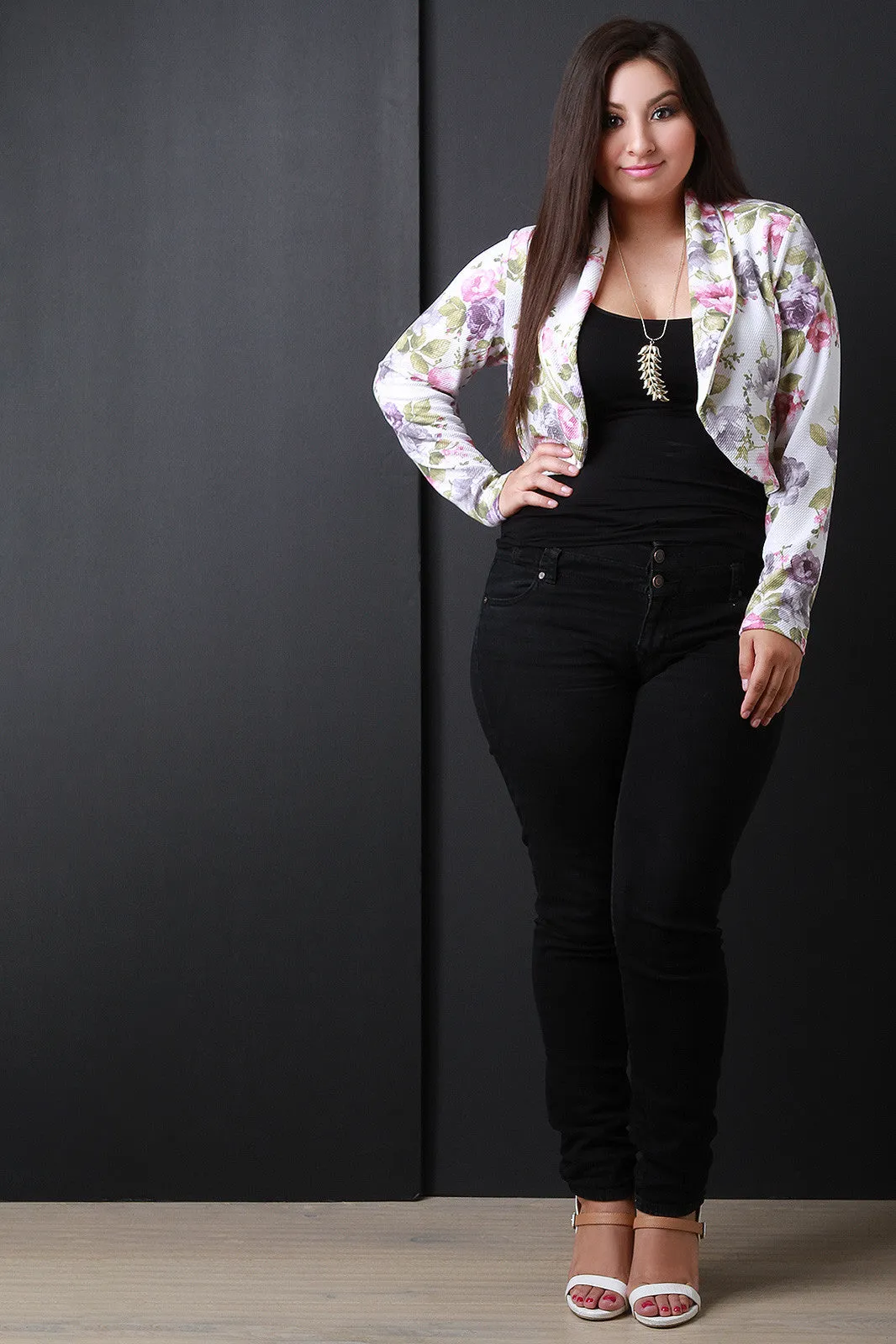 Crepe Knit Floral Open Front Crop Blazer