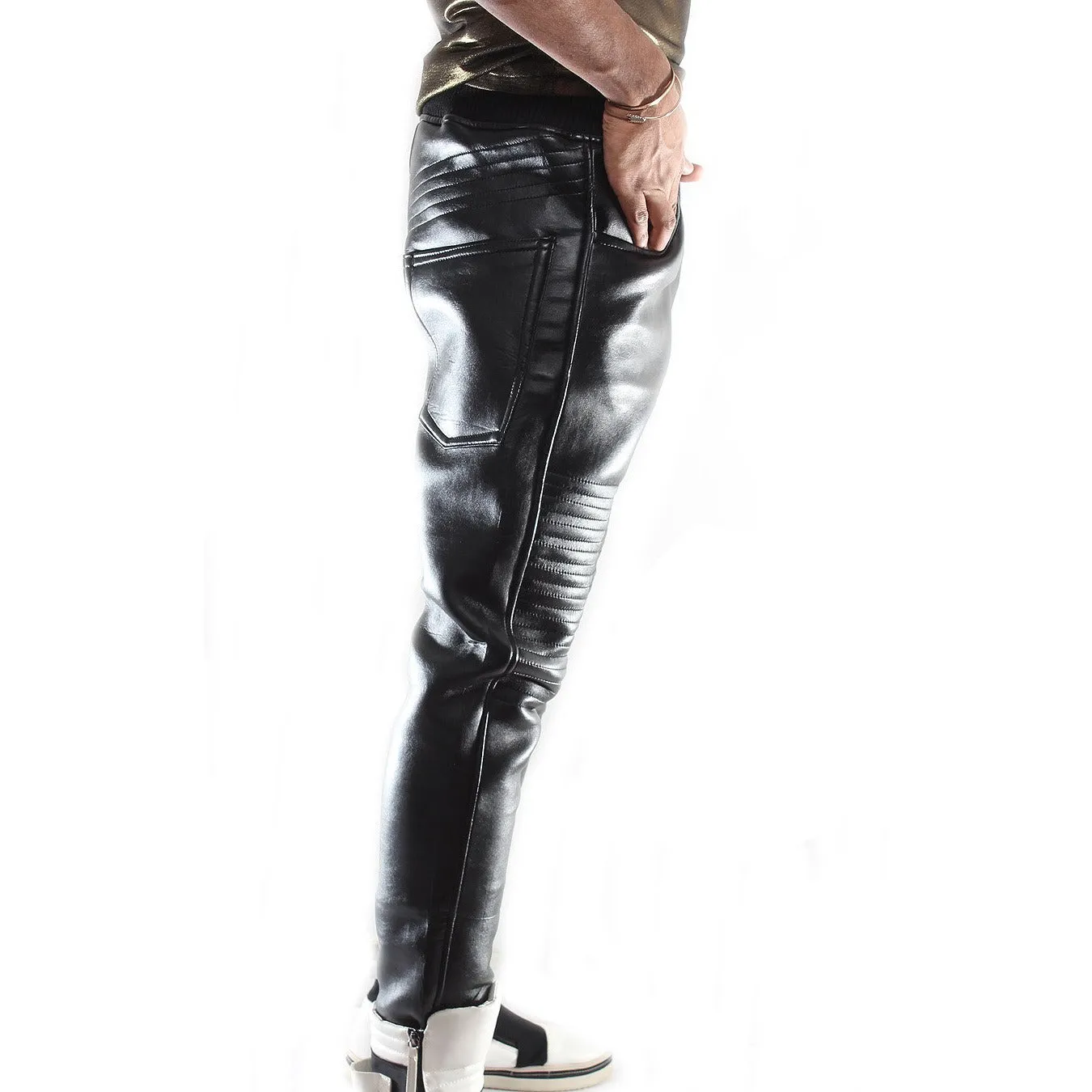 Custom Black leather trouser with waist band