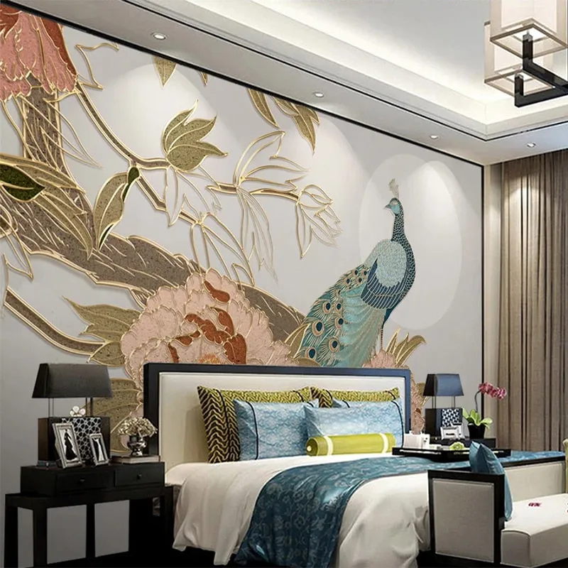 Custom Mural Wallpaper Chinese Style Peony Flowers Peacock (㎡)