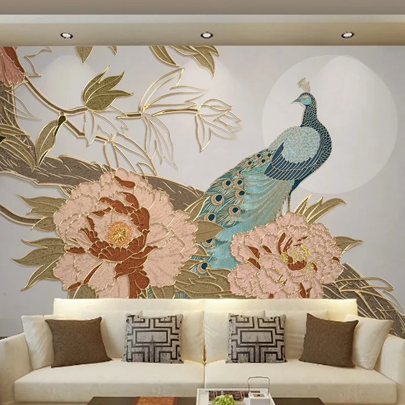 Custom Mural Wallpaper Chinese Style Peony Flowers Peacock (㎡)