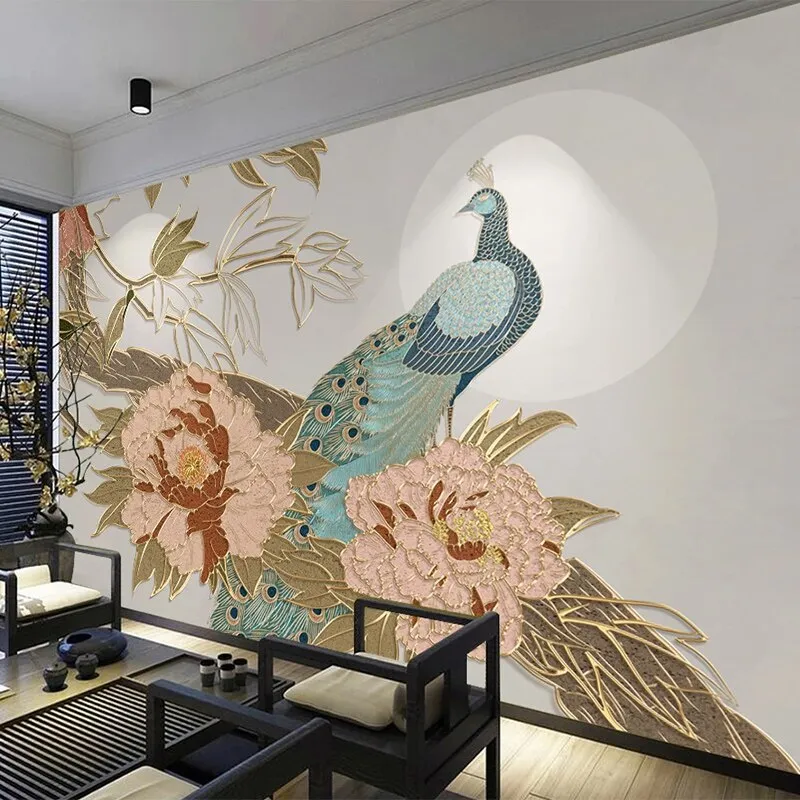 Custom Mural Wallpaper Chinese Style Peony Flowers Peacock (㎡)