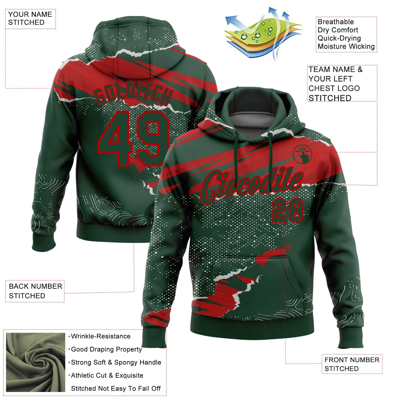 Custom Stitched Green Red 3D Pattern Design Torn Paper Style Sports Pullover Sweatshirt Hoodie