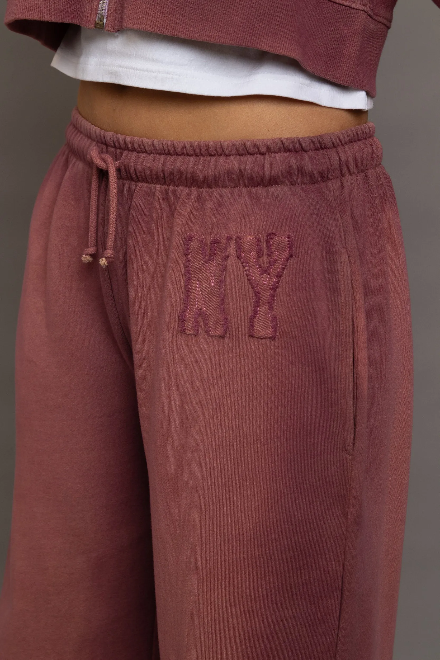 Daisy Street - Dark Pink Wide Leg Joggers with NY Applique