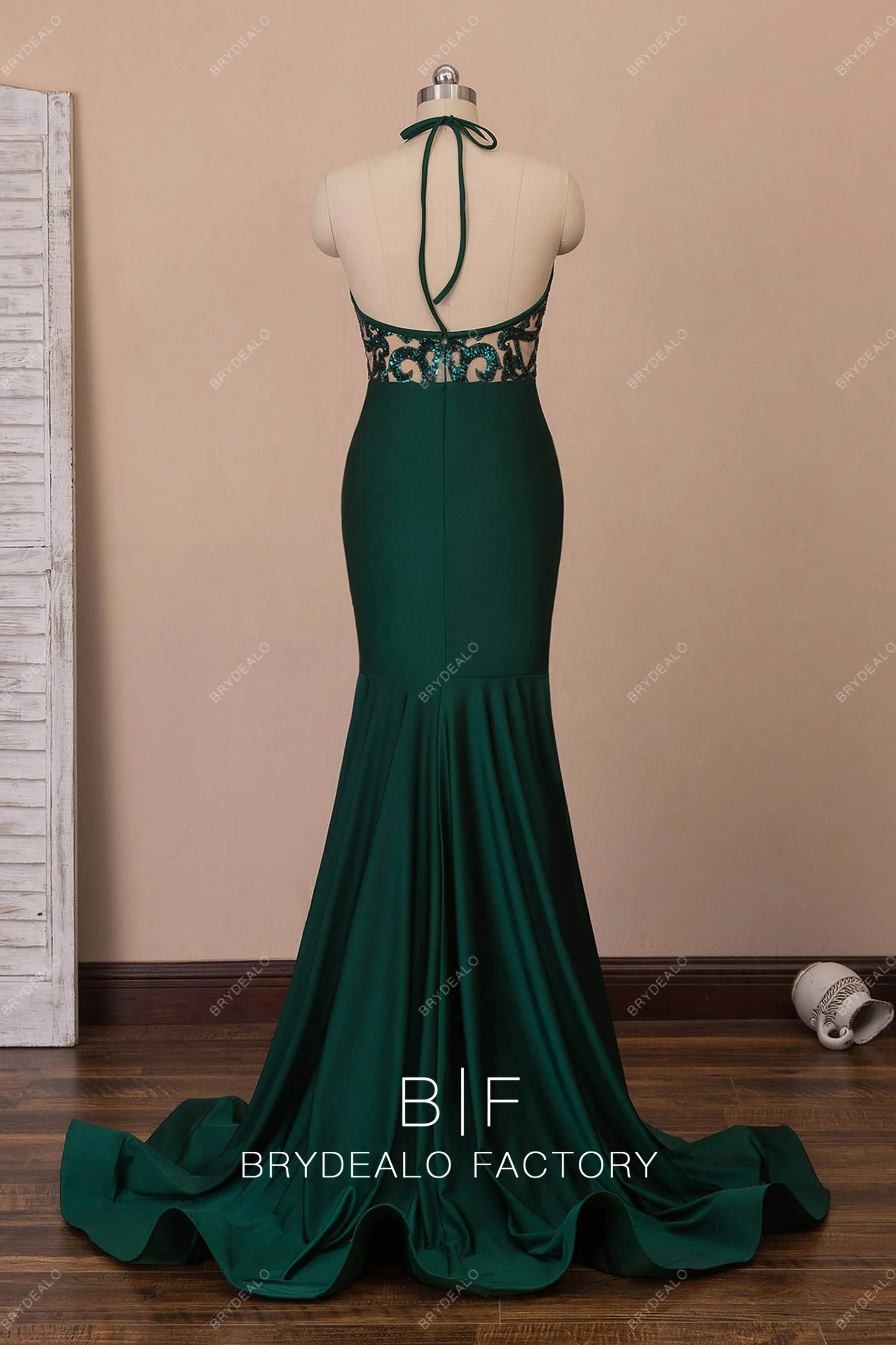 Dark Green Halter Plunging Neck Mermaid Ruffled Prom Dress