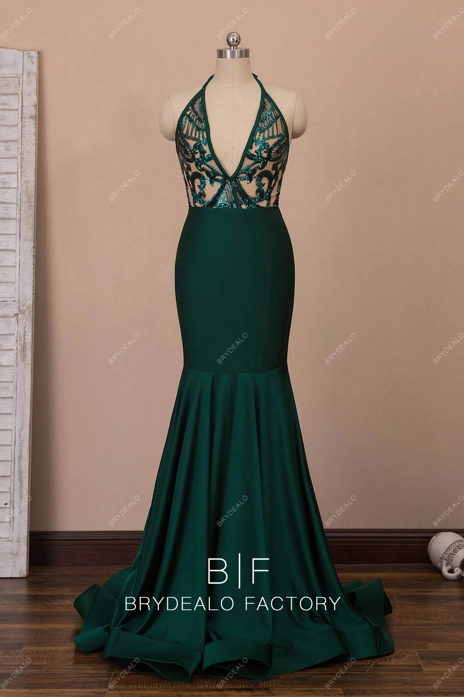 Dark Green Halter Plunging Neck Mermaid Ruffled Prom Dress