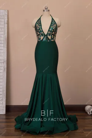 Dark Green Halter Plunging Neck Mermaid Ruffled Prom Dress