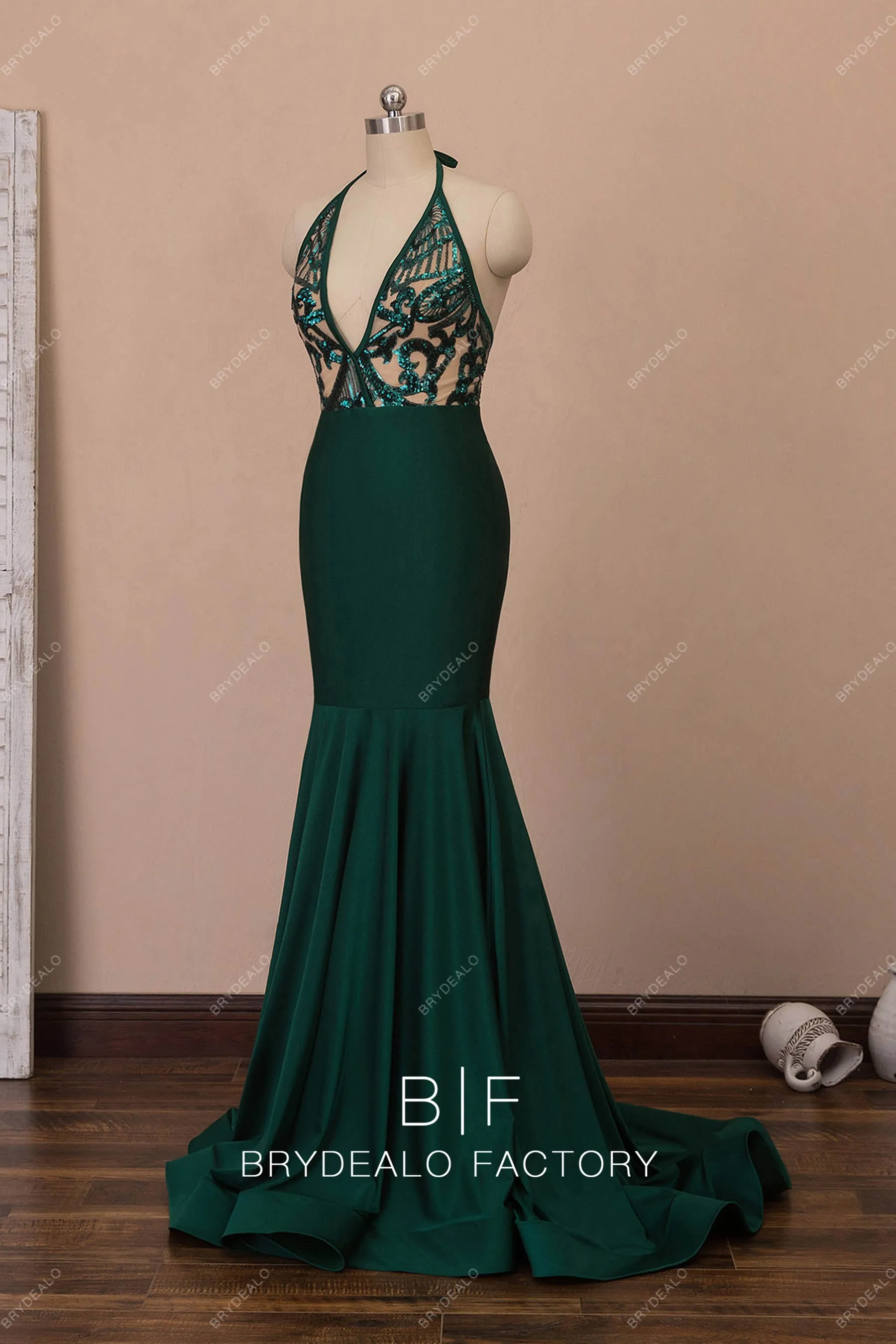 Dark Green Halter Plunging Neck Mermaid Ruffled Prom Dress