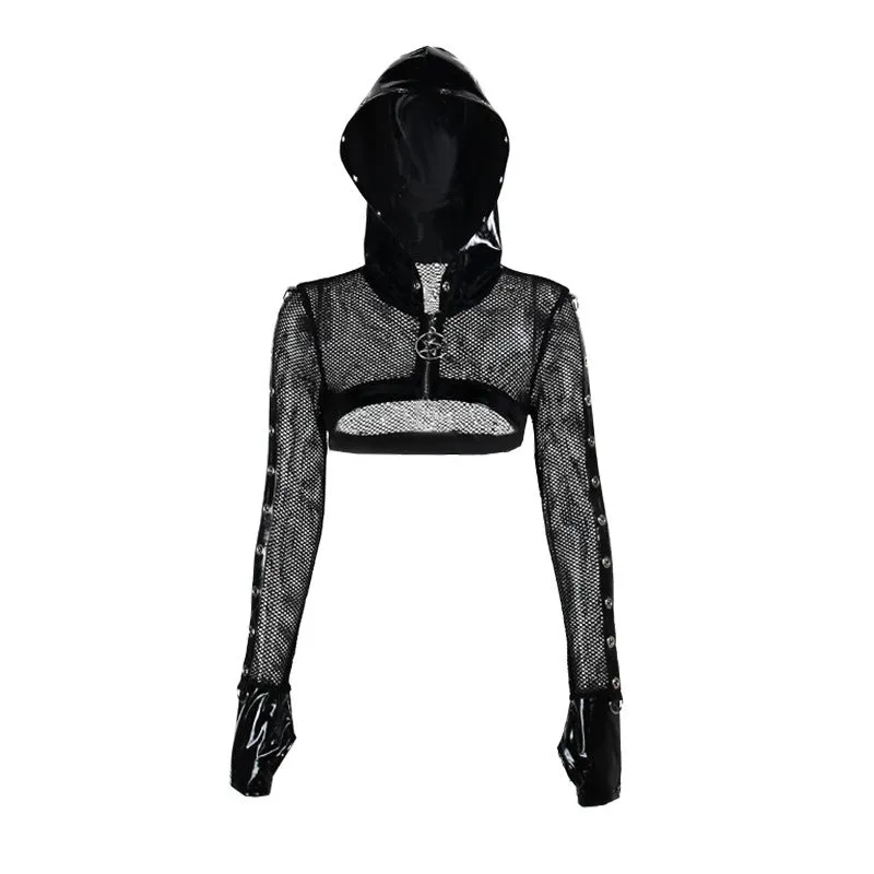 Dark Style Slim Fit Leather Printed Mesh Hooded Sweat shirt