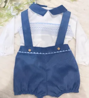 Denim blue smock velour dungaree set