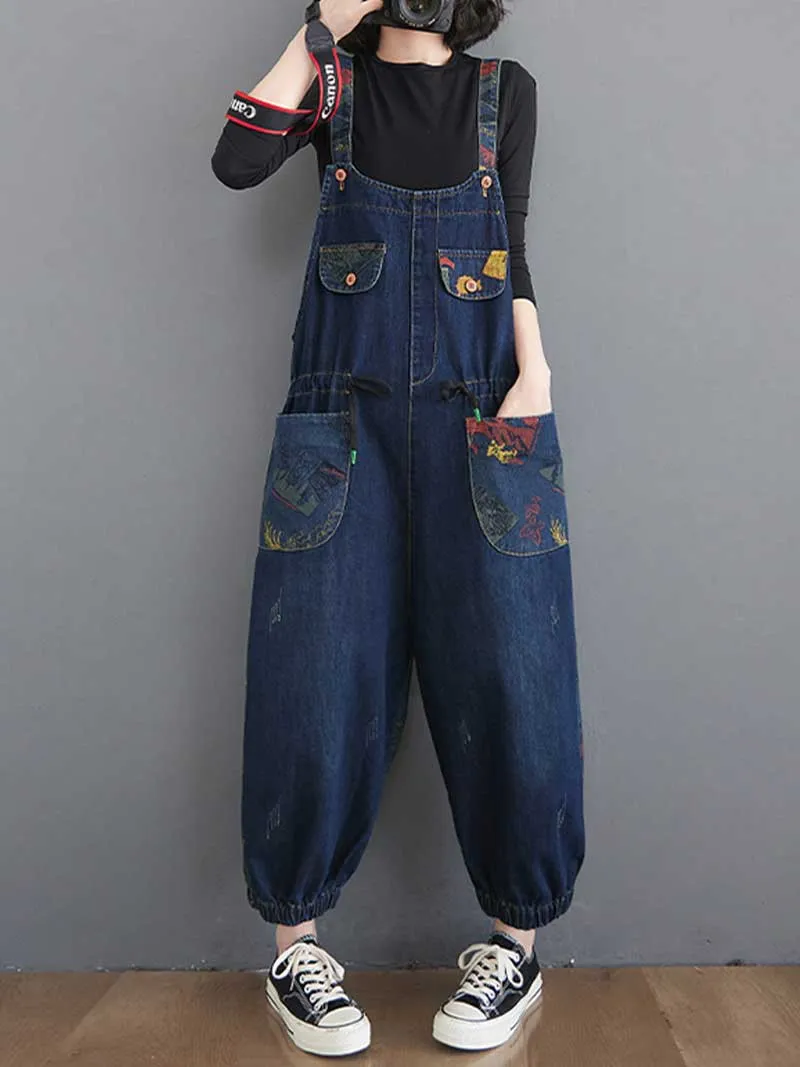 Denim Printed Women's Nine-Point Pants High Waist Overalls Dungaree