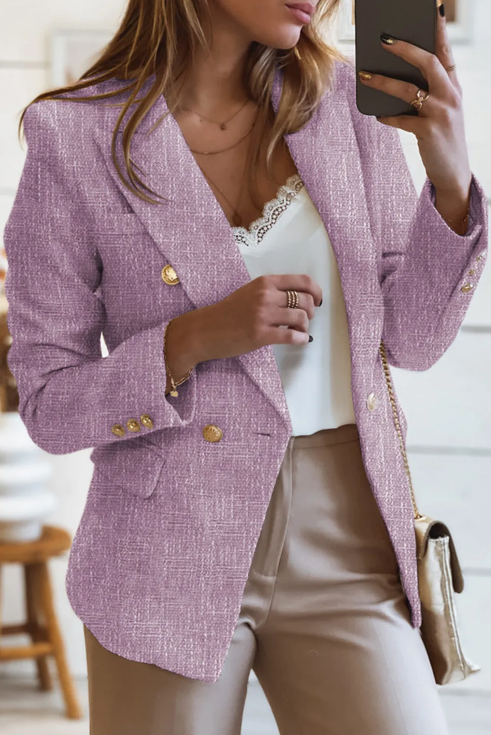 Double Breasted Lapel Blazers Women's Casual Office Long Sleeve Jacket