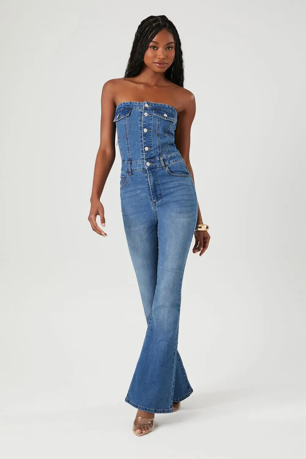 Forever 21 Denim Flare Leg Strapless Jumpsuit, Denim