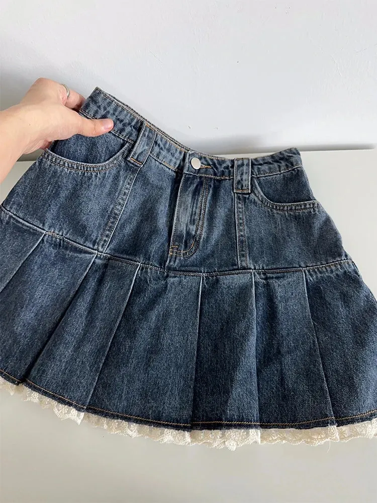 Girlary Women's Blue Denim A-Line Pleated Mini Skirt Fashion Korean Skirt Vintage Harajuku Y2k Girl Kawaii Jean Skirt Streetwear Summer