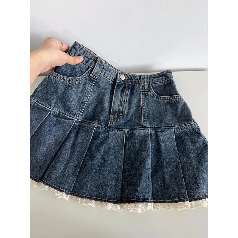 Girlary Women's Blue Denim A-Line Pleated Mini Skirt Fashion Korean Skirt Vintage Harajuku Y2k Girl Kawaii Jean Skirt Streetwear Summer