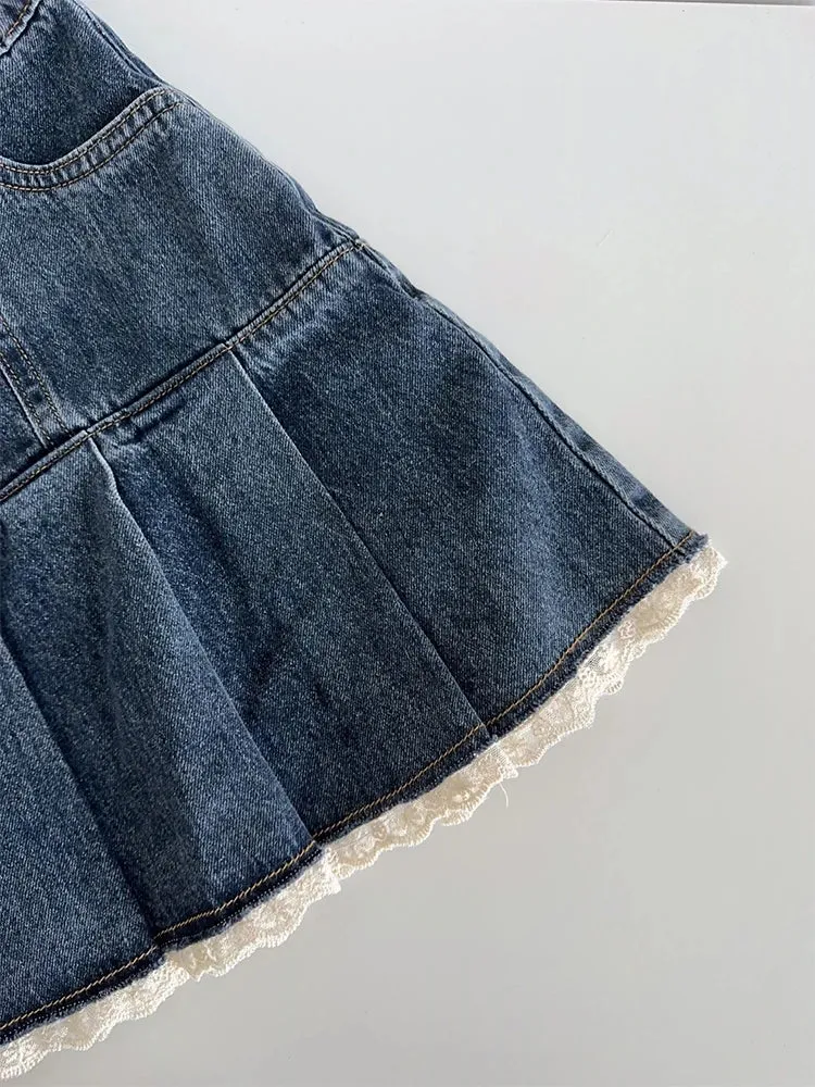 Girlary Women's Blue Denim A-Line Pleated Mini Skirt Fashion Korean Skirt Vintage Harajuku Y2k Girl Kawaii Jean Skirt Streetwear Summer